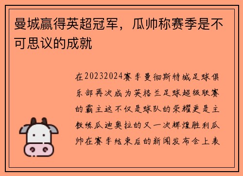 曼城赢得英超冠军，瓜帅称赛季是不可思议的成就